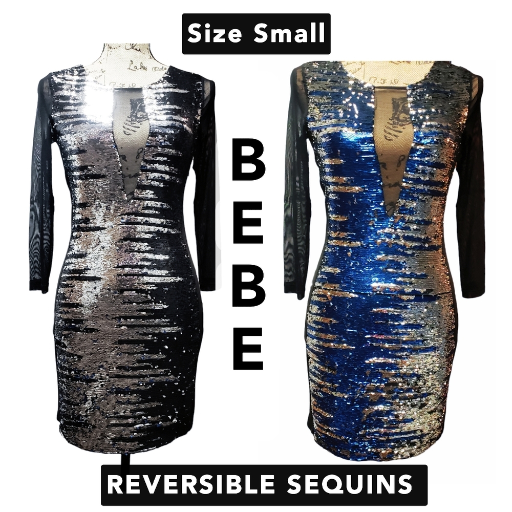 BEBE Addiction- Size Small- Black Blue Metallic Silver Sequin Mesh Mini Dress